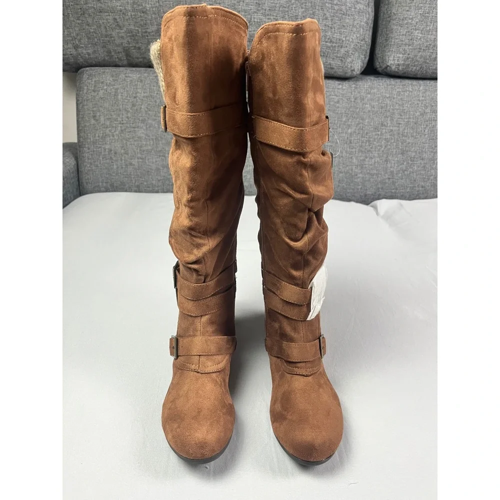 Bongo Myrina‎ Women 8.5W Brown Faux Suede Slouch Tall Boots Knit Cuff Wide Width